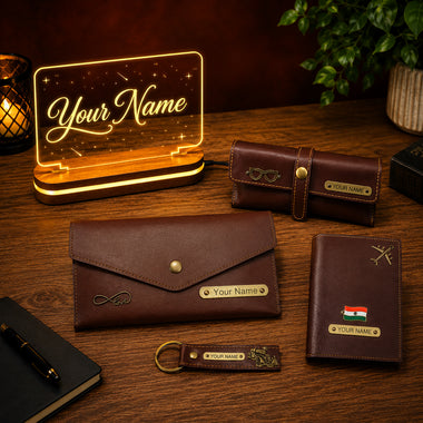 Customized Female Gift 5 Pcs Combo Set with Leather Combo 4 Set and a Led Acrylic Name Frame.