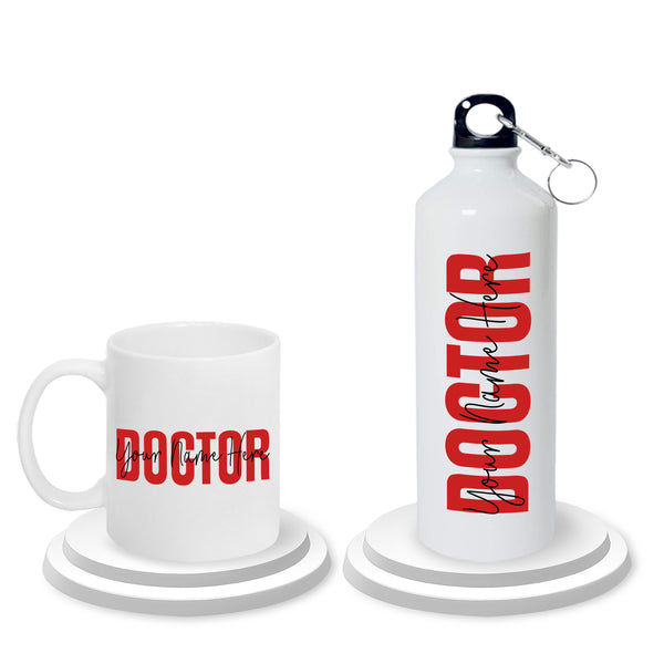 Doctor Gift Set –Custom Name Water Bottle & Ceramic Mug with Doctor Themed Design.