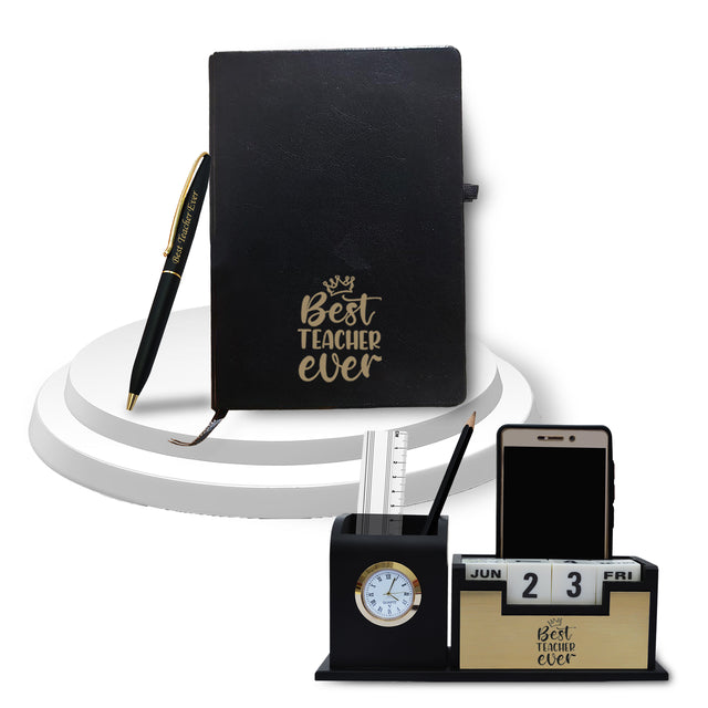 Teacher's Day Gift Set: Engraved Pen, Elegant Stand with Clock, & A5 Diary.