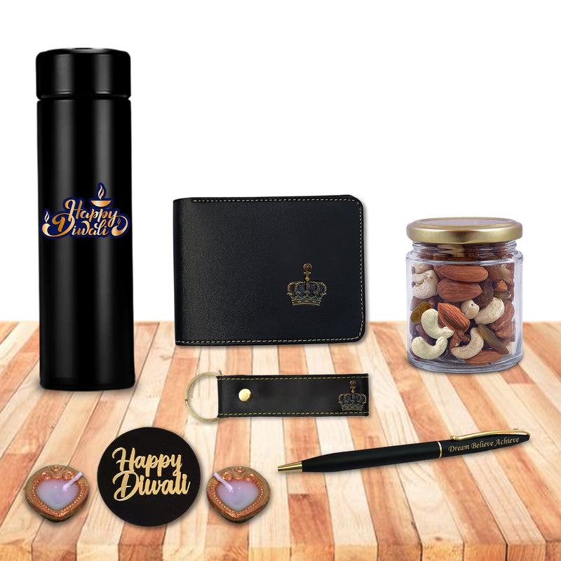 Diwali Gift Set – Men's Leather Wallet, King Charm, Keychain, Pen & 'Happy Diwali' Bottle.