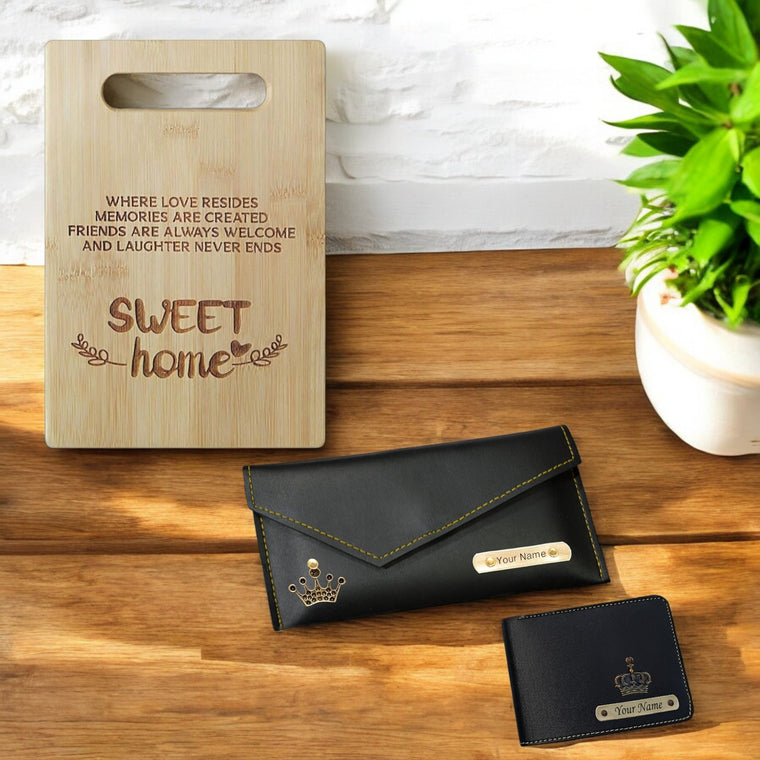 Housewarming Gift Set-Engraved leather Combo with wooden chopping board.