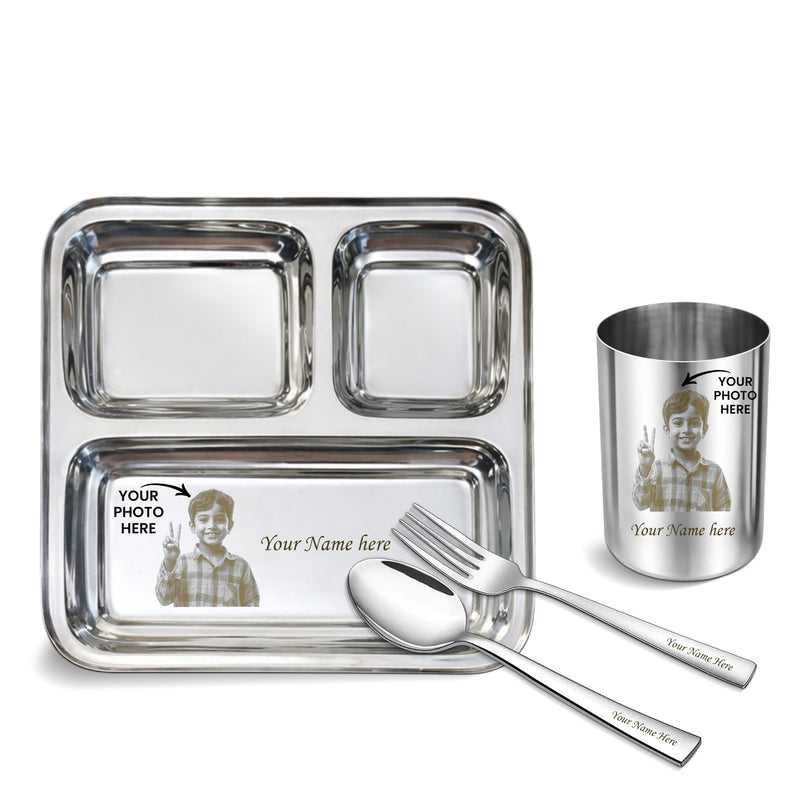 Personalized Kids Stainless Steel 3 Compartment Dinner Set – Custom Laser Photo & Name Engraved.