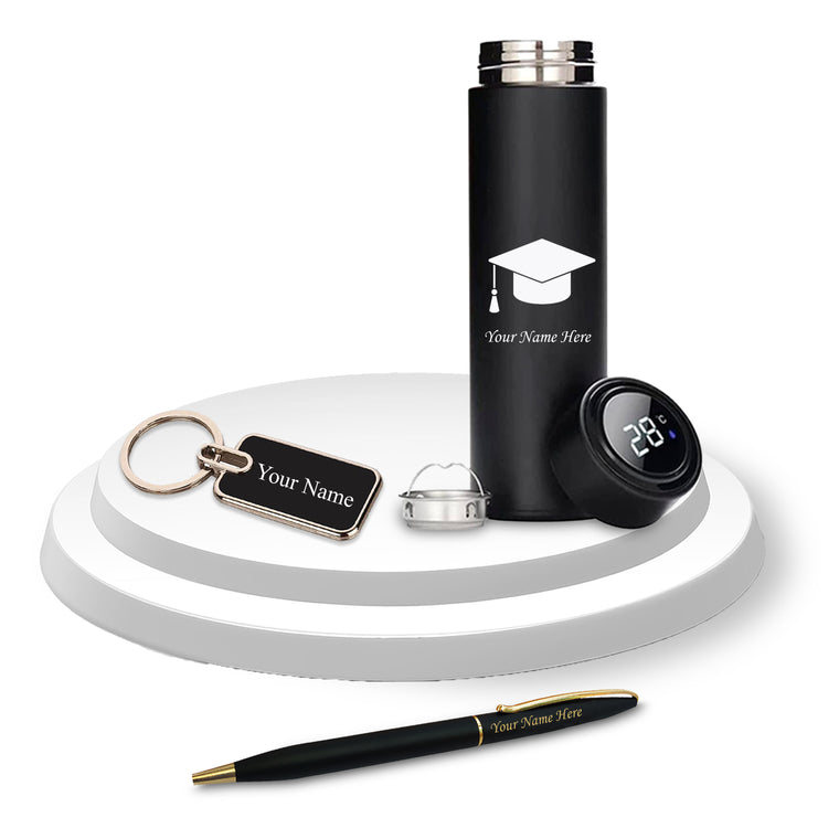 Graduation Gift Combo - Slim Pen, Engraved Keychain & Black Bottle