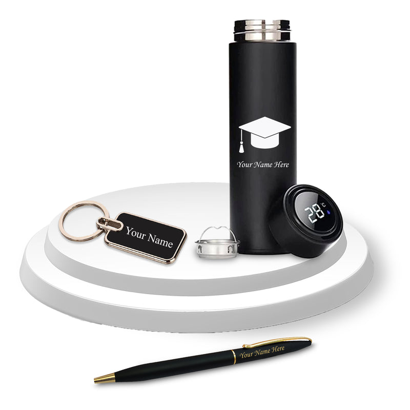 Graduation Gift Combo - Slim Pen, Engraved Keychain & Black Bottle