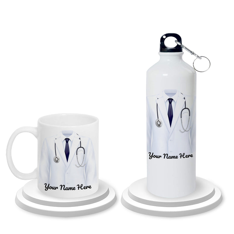 Doctor Gift Set –Custom Name Water Bottle & Ceramic Mug with Doctor Themed Design.