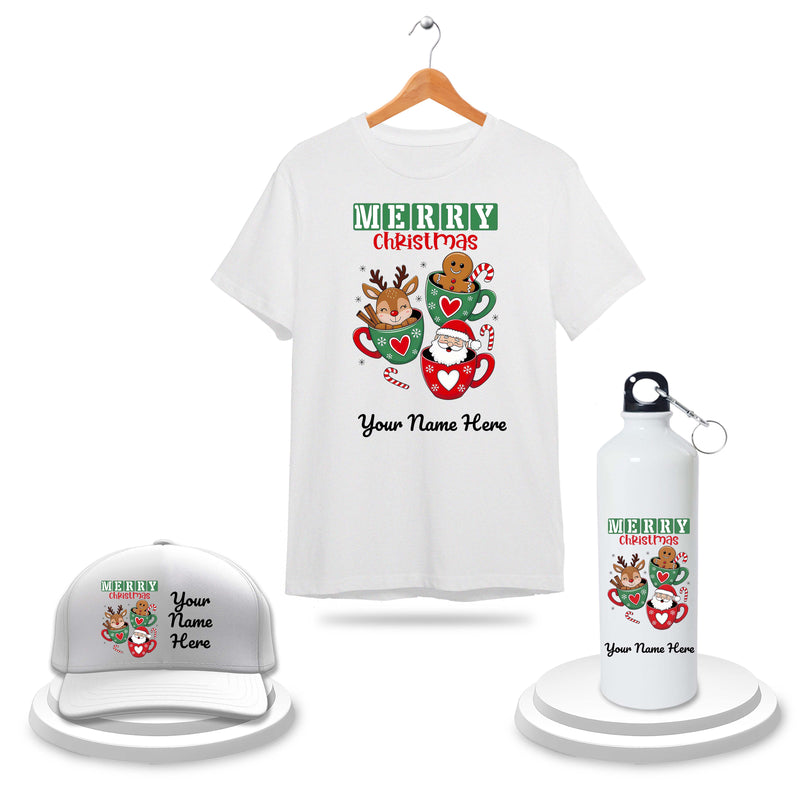 Personalized Christmas Set - T-Shirt, Cap & Bottle with Name & Design.