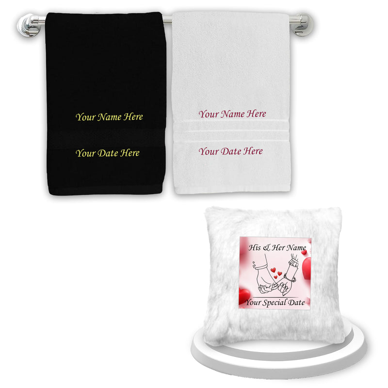 Valentine Gift Set – Personalized Couple Towel Set & LED Cushion with Photo