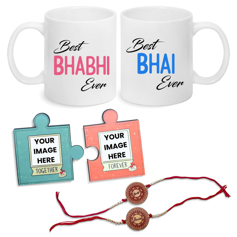 Personalized Bhaiya Bhabhi Rakhi Combo – Photo Puzzle Magnet & Printed Mug Set with Rakhi