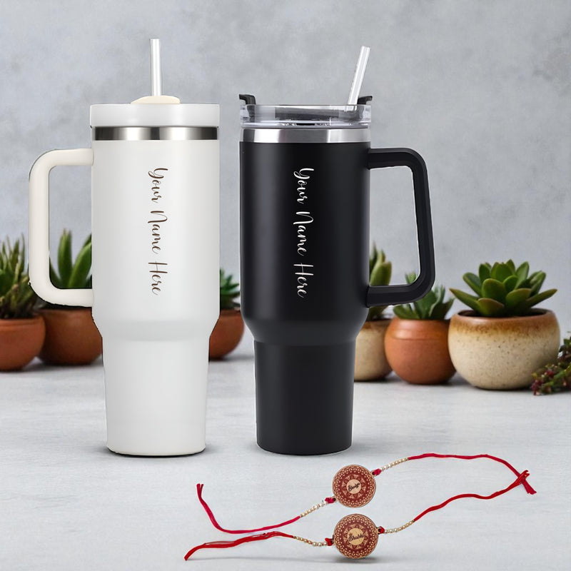 Personalized Bhaiya Bhabhi Rakhi Gift – Custom Black & White Straw Tumblers (Set of 2) + Bhaiya-Bhabhi Rakhi.