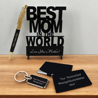 Personalized Engraved Gift Set – Pen, Keychain, Acrylic Stand & Wallet Insert.