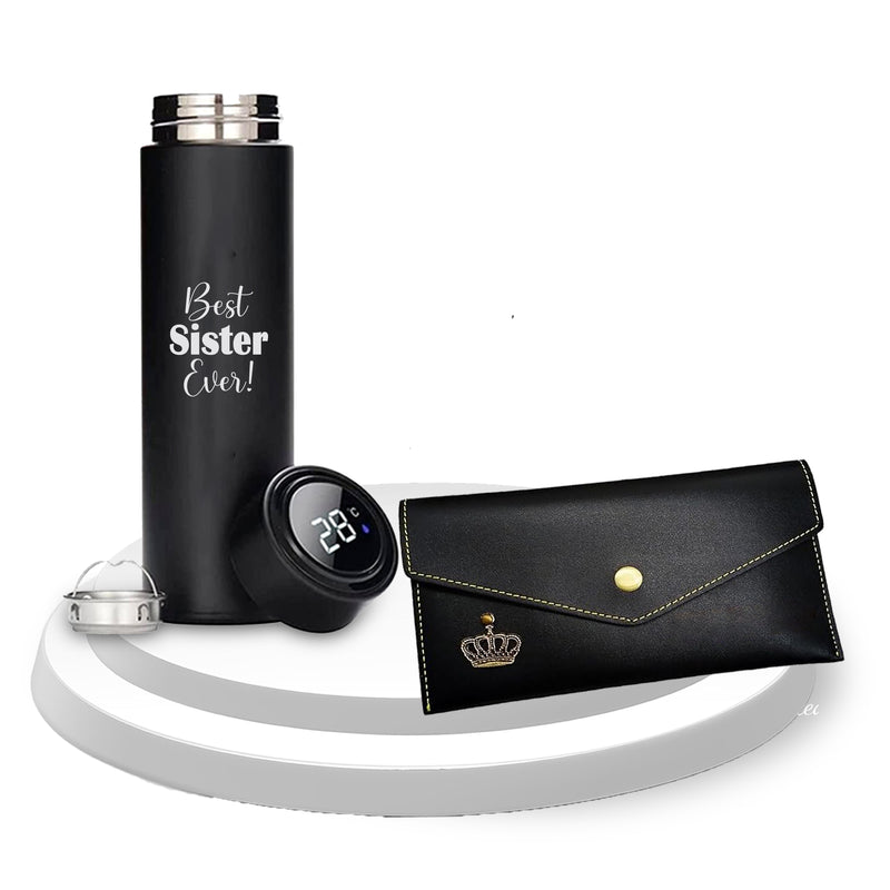 Black Leather Women's Clutch & Temperature Black Bottle with Quote.