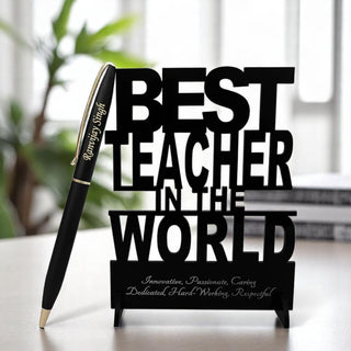 Custom Engraved Pen & Black Teacher's Stand.