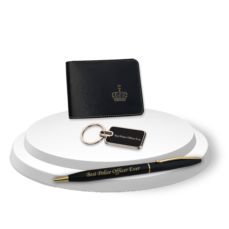 Police Set (Male) - Keychain & Pen with 'Best Police Officer Ever' Engraved, Wallet with King Charm.