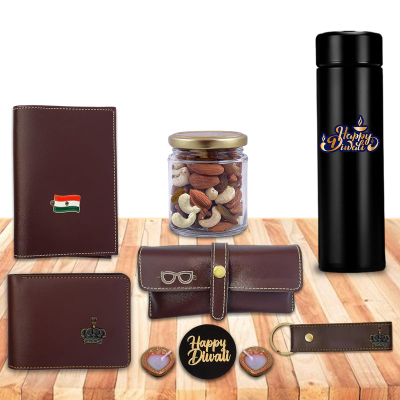 Diwali Gift Set - Men's Leather Wallet, Keychain, Eyewear Case, Passport Cover & 'Happy Diwali' Bottle