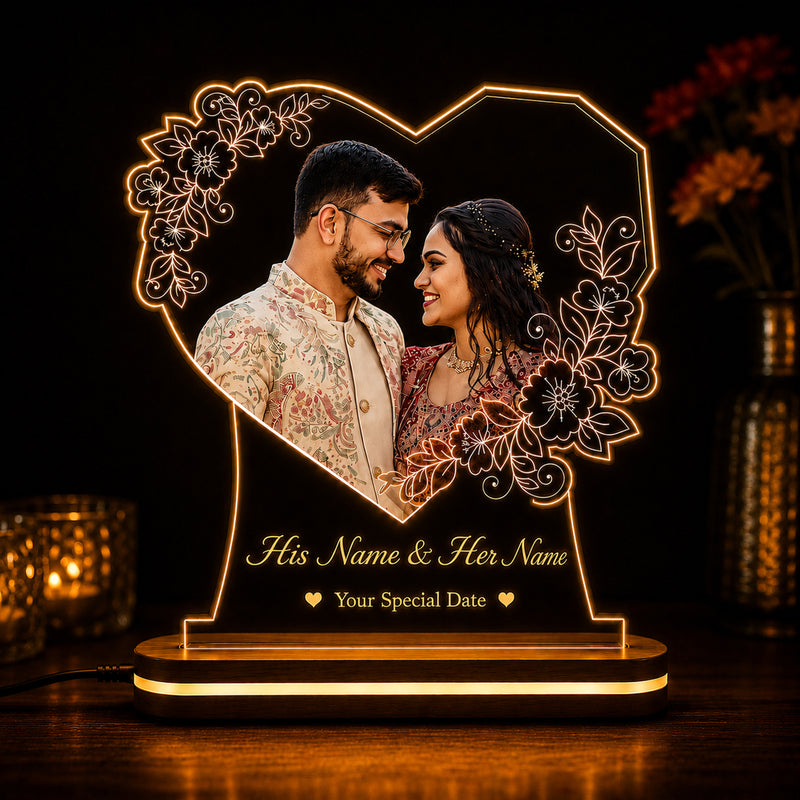 Personalized Acrylic Heart LED Photo Frame 6x8 Inch – Customized HD UV Printed Photo Acrylic Night Light with Name & Date