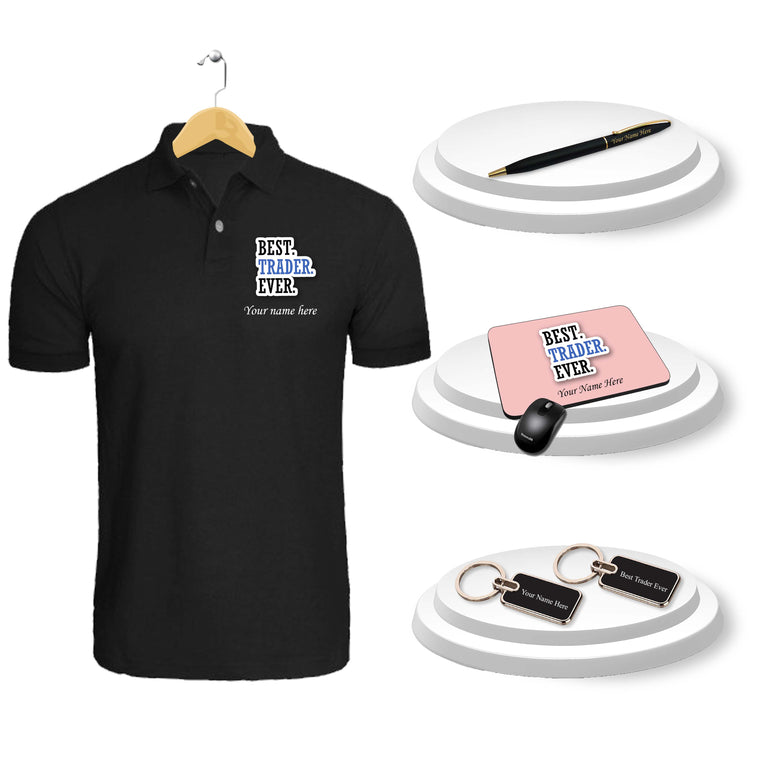 Trader Gift Combo Set- T-shirt, Pen, Mouse Pad & Metal Keychain.