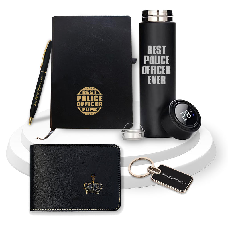 Police Set NP- Pen, Keychain, Bottle, Diary with 'Best Police Officer Ever' Engraved, Wallet with King Charm