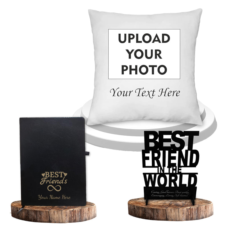 Friendship Day Combo: Satin Cushion, Acrylic Stand, & Engraved Leather Diary