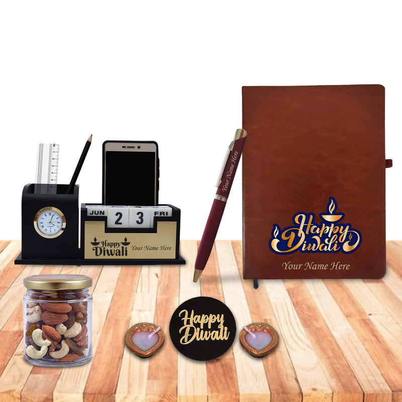 Diwali Gift Set – Pen, Diary, Pen Stand with Name & 'Happy Diwali' Quote.