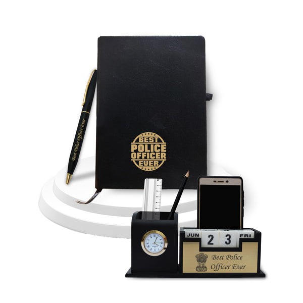 Police Combo - Pen & Diary with 'Best Police Officer Ever' Engraved, Pen Stand with Ashok Stambh Logo