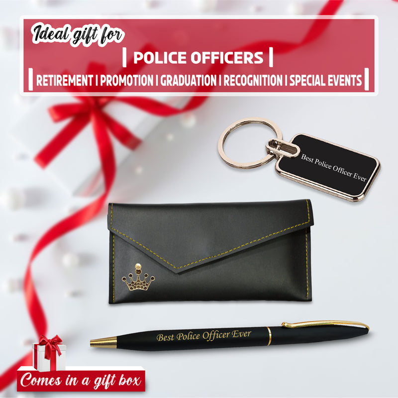 Police Set (Female) -Keychain & Pen with 'Best Police Officer Ever' Engraved,Clutch with Queen Charm