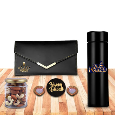 Diwali Gift Set – Bottle with 'Happy Diwali' Quote & Leather Women's Clutch with Queen Charm.
