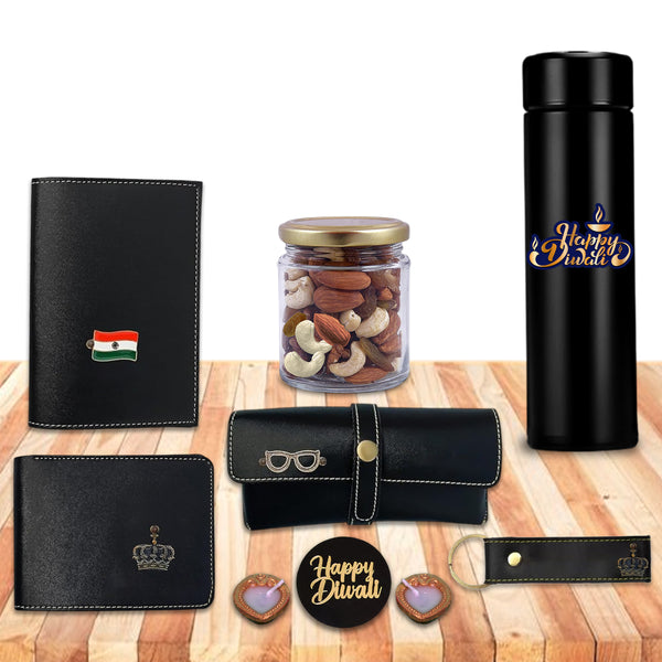 Diwali Gift Set - Men's Leather Wallet, Keychain, Eyewear Case, Passport Cover & 'Happy Diwali' Bottle