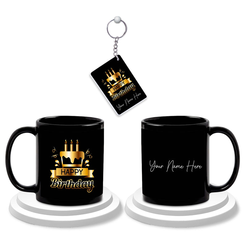 Birthday Gift Combo – Black Ceramic Coffee Mug & Keychain with 'Happy Birthday' Quote & Custom Name