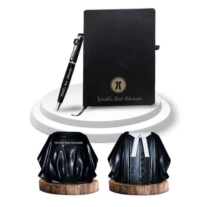 Advocate Desk Set: Pen Stand, Engraved Pen & A5 Diary with Advocate Logo.