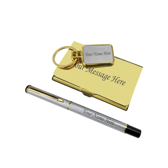 Golden Corporate Gift Set - Custom Engraved Pen, Keychain & Card Holder