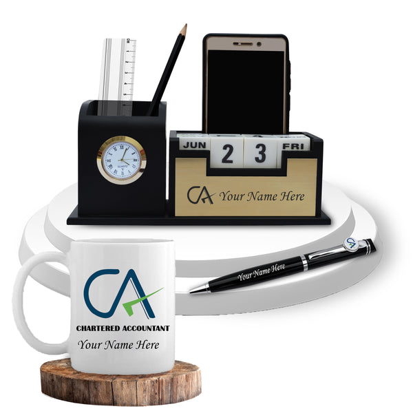 CA Combo: Pen, Pen Stand with Watch & Ceramic Mug.