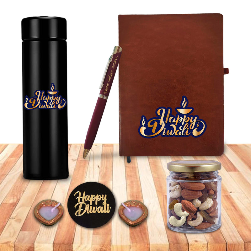 Diwali Gift Combo – Leather Diary, 'Happy Diwali' Bottle & Engraved Pen.