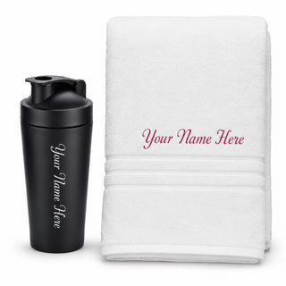 Customized Stainless Steel Gym Shaker & White Towel Combo set with Name| Best Gift for Gym Lover