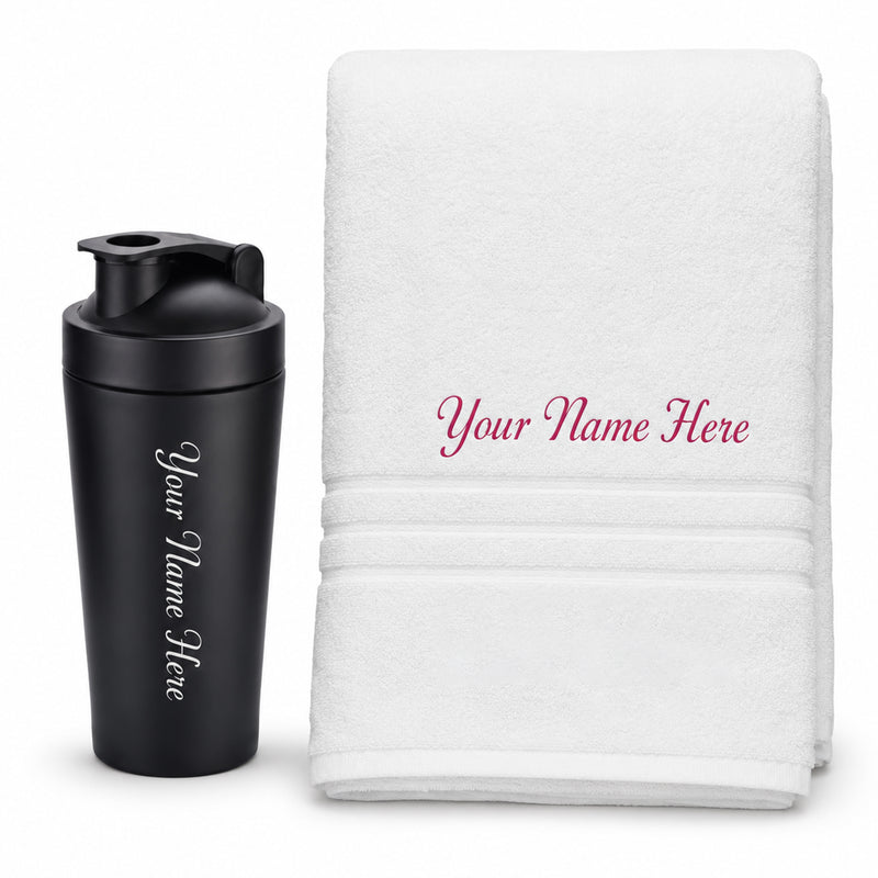 Customized Stainless Steel Gym Shaker & White Towel Combo set with Name| Best Gift for Gym Lover