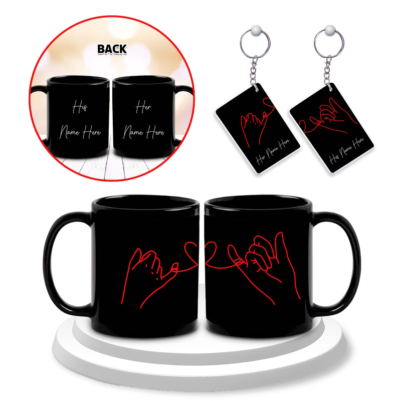 Anniversary Gift Set – Black Coffee Mugs (Set of 2) & Keychains with Name Printed – Valentine's Day Gift.