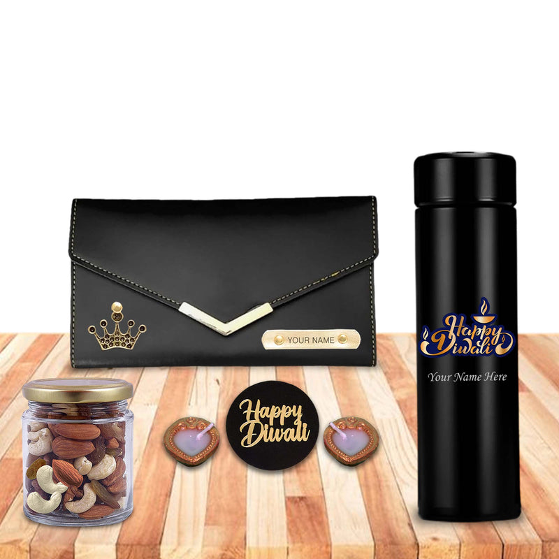 Diwali Gift Set for Women – Bottle with Name, Clutch With Dry Fruits & Diyas.