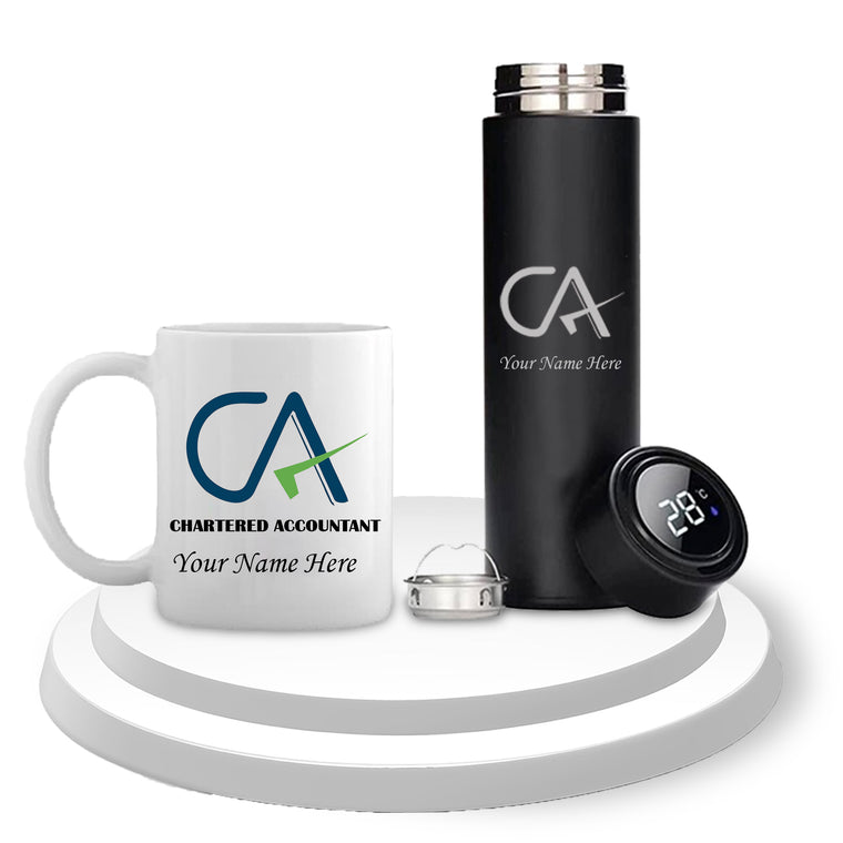 CA Drinkware Combo: Black Bottle & CA Theme Mug with Name.