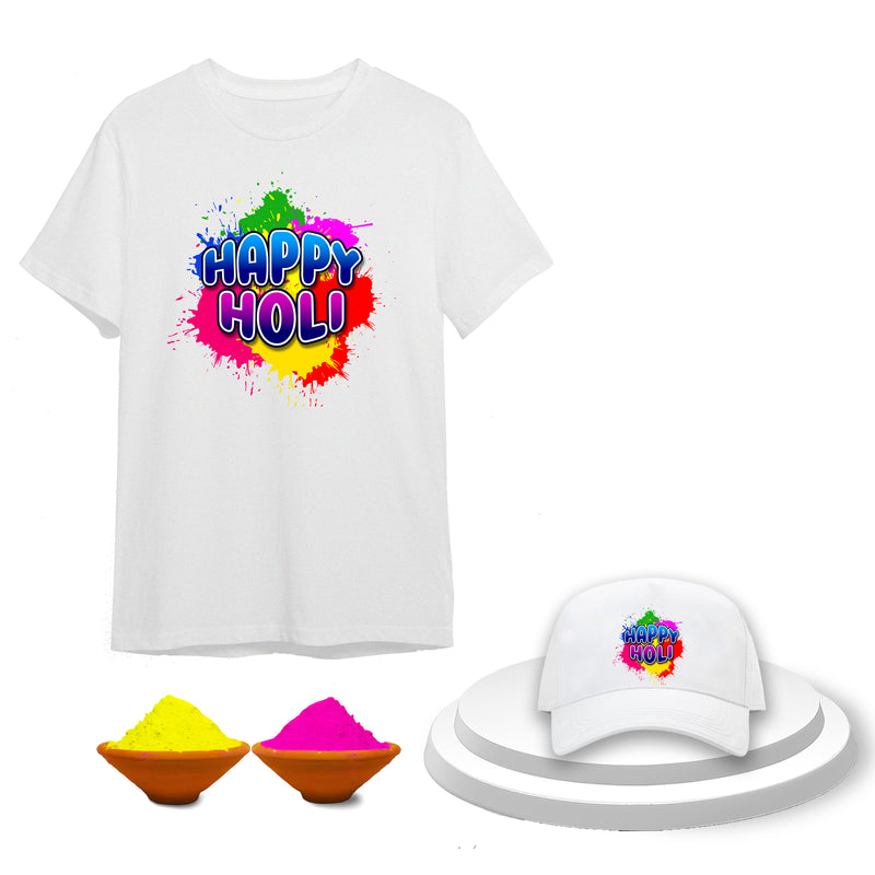 Personalized Holi Combo – T-Shirt & Cap with 2 Holi Colors