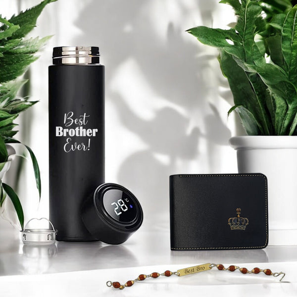 Rakhi Gift Combo: Black Bottle, Rudraksh Rakhi & Wallet