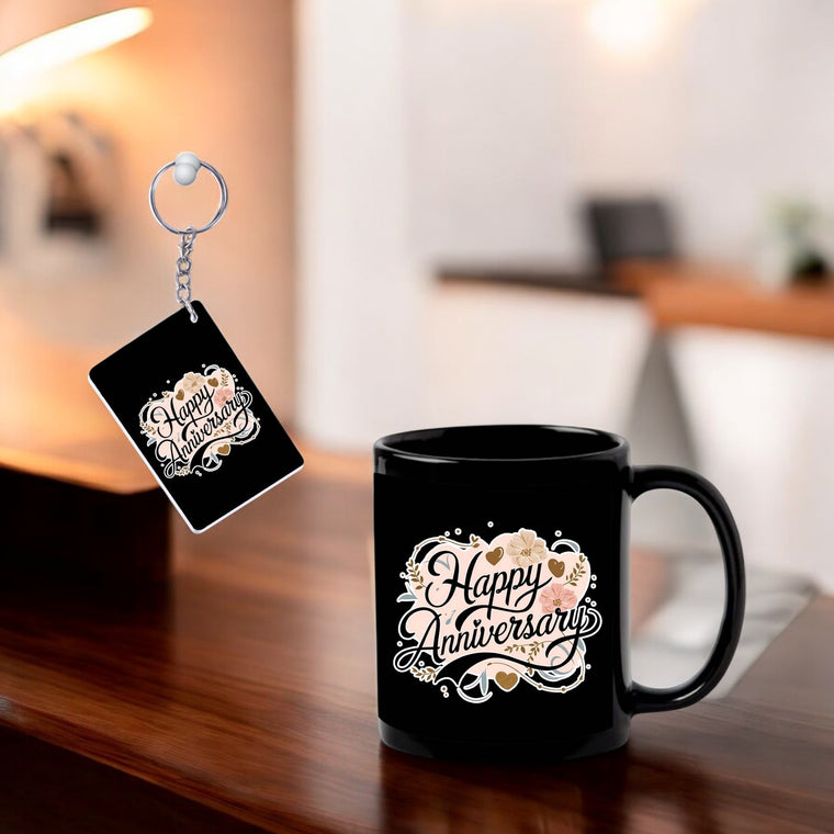 Black Mug & Keychain Combo – Celebrating Love with "Happy Anniversary" Quote