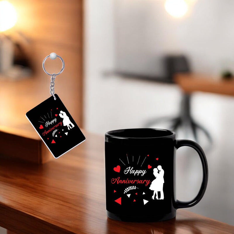 Anniversary-Black Patch Mug & Keychain with Happy Anniversary Quote Printed.