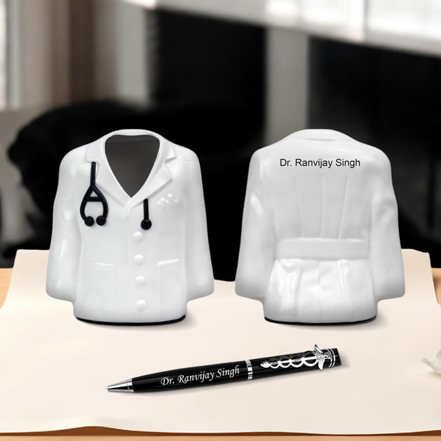 Personalized Doctor Coat Pen Stand with Permanently Engraved Name on Pen