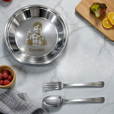 Customized Kids Stainless Steel Plate Set with Photo & Name Engraving | Round Plate, Spoon & Fork