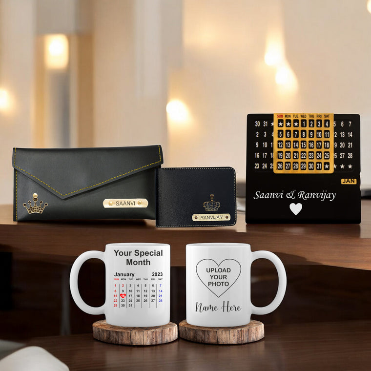 Valentine Combo – Personalized Wallet, Clutch, Mug & Infinity Calendar with Couple Name.