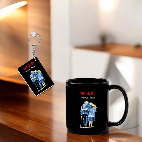 Anniversary Black Coffee Mug & Keychain Set – 'You And Me We Got This' Quote with Old Couple Design Printed.