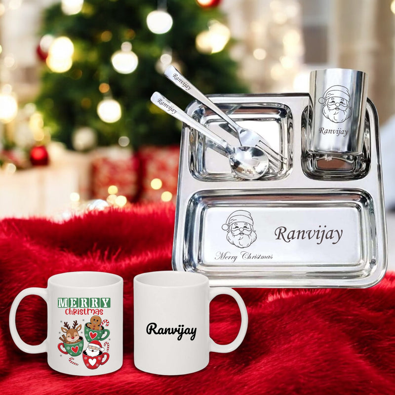 Custom Christmas Gift Set - 3-Compartment Plate & Mug with Name & Cartoon