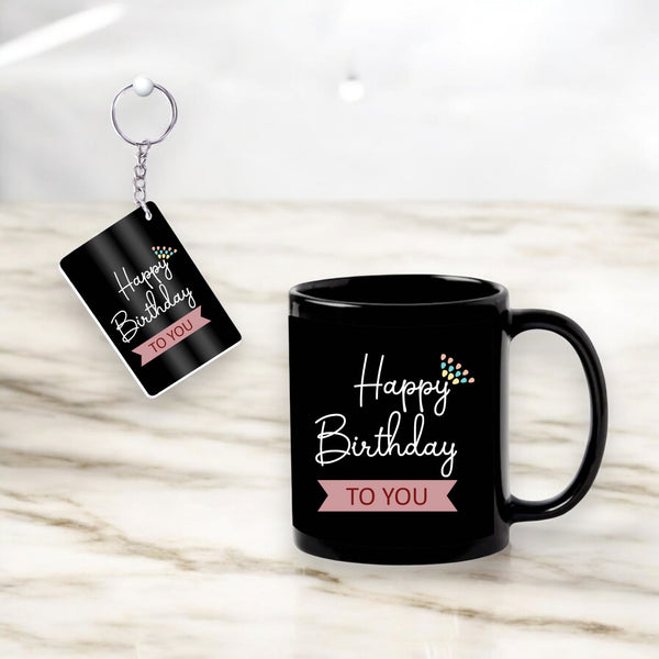 Black Ceramic Birthday Theme Mug & Keychain.