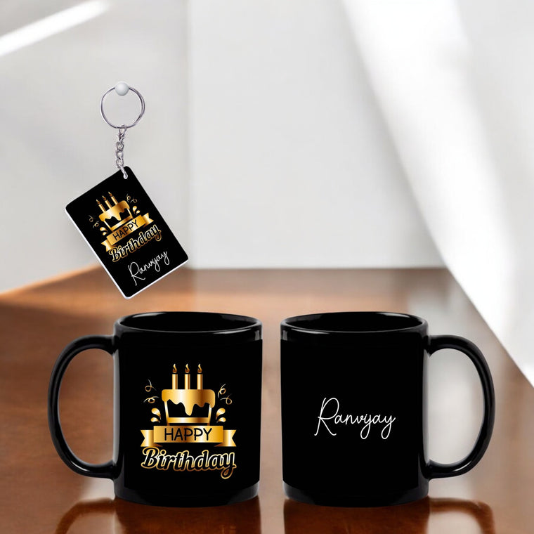 Birthday Gift Combo – Black Ceramic Coffee Mug & Keychain with 'Happy Birthday' Quote & Custom Name