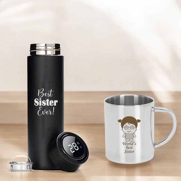 Rakshabandhan Gift Set – Best Sister Steel Mug & Engraved Bottle.