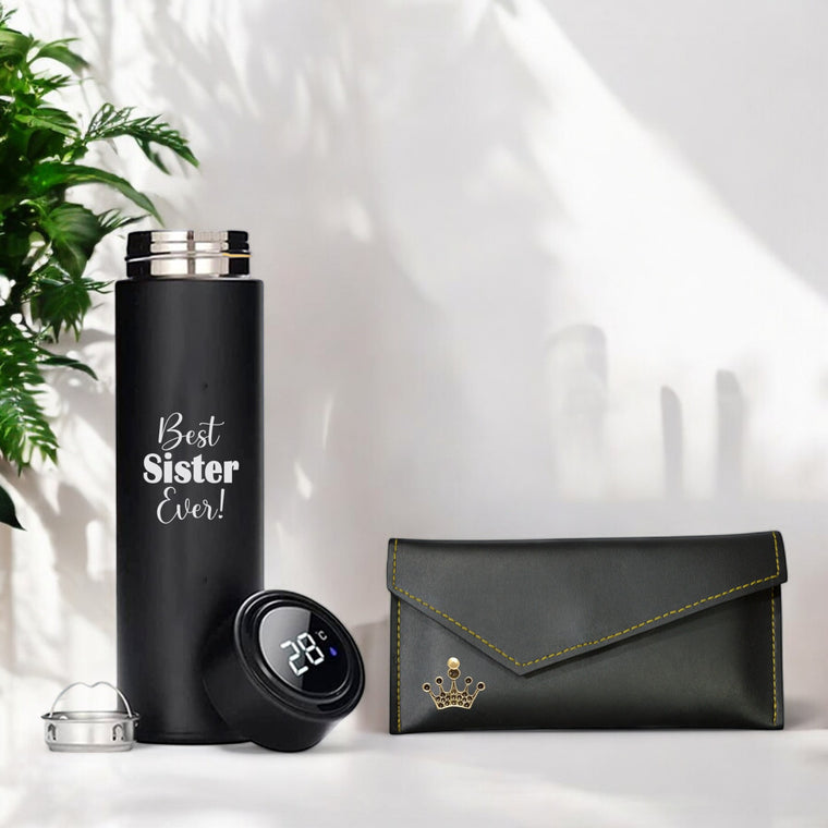 Rakshabandhan Gift Set – Black Leather Clutch & Engraved Bottle.